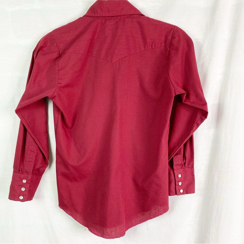 Karman Vintage Flower Horseshoe Embroidered Pearl Snap Burgundy Shirt M 8/10 - Picture 4 of 5